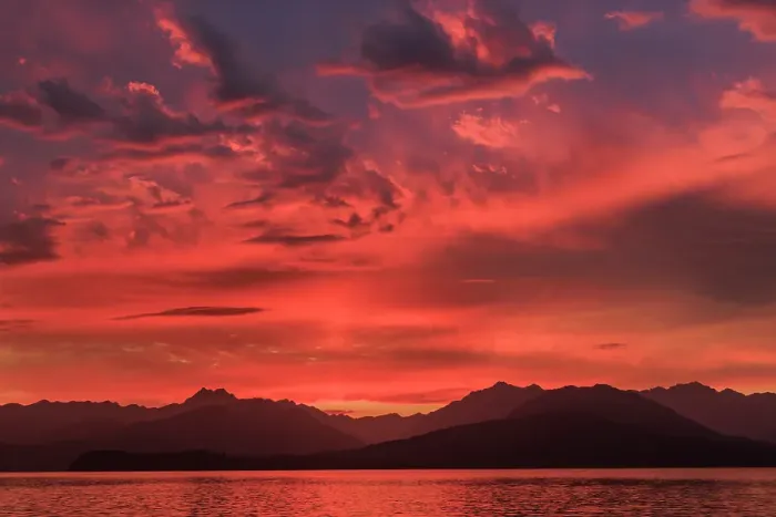 Framed Print : USA, Washington State, Seabeck. Vivid sunset over Hood Canal and Olympic Mountains. ©Don Paulson  /  Jaynes Gallery  /  DanitaDelimont.com
