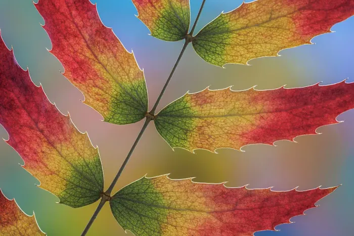 Framed Print : USA, Washington State, Seabeck. Close-up of backlit Oregon grape leaves in autumn color. ©Don Paulson  /  Jaynes Gallery  /  DanitaDelimont.com