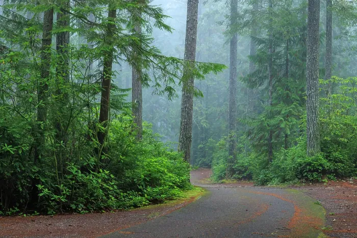 Framed Print : USA, Washington State, Seabeck. Foggy forest and road in Scenic Beach State Park. ©Don Paulson  /  Jaynes Gallery  /  DanitaDelimont.com