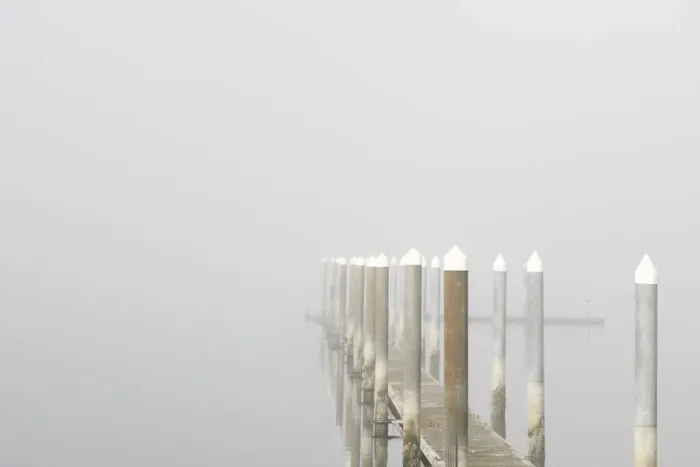 Framed Print : USA, Washington State, Seabeck. Marina walkway in fog
