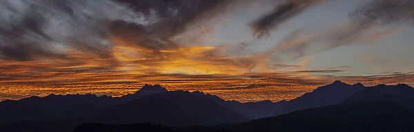USA, Washington State, Seabeck. Panoramic sunset over Olympic Mountains