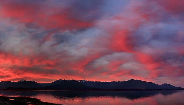 USA, Washington State, Seabeck. Panoramic of sunset on Olympic Mountains and Hood Canal