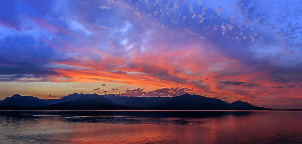 USA, Washington State, Seabeck. Sunset panoramic of Hood Canal and Olympic Mountains