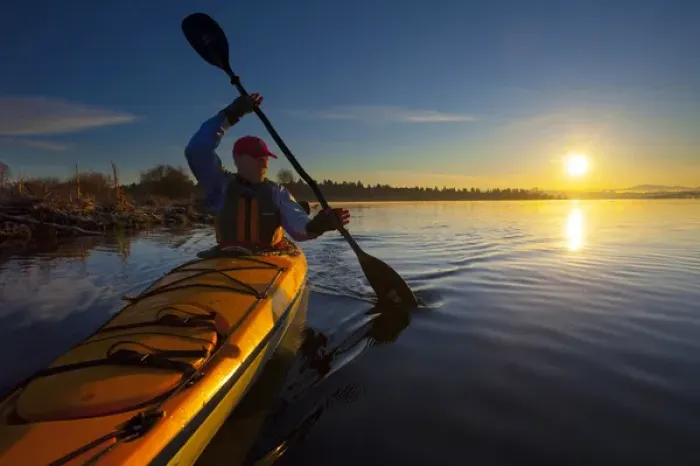 Framed Print : USA, Washington State, Seatte. Male sea kayaker in Union Bay on Lake Washington, Seattle