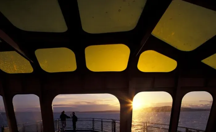 Framed Print : USA, Washington State, Seattle. Sunset on Washington State Ferry sailing across Elliot Framed Print : USA, Washington State, Seattle. Sunset on Washington State Ferry sailing across Elliot
