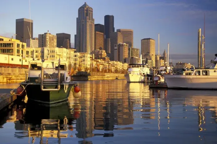 Framed Print : USA, Washington State, Seattle. City skyscrapers loom over Bell Harbor Marina Framed Print : USA, Washington State, Seattle. City skyscrapers loom over Bell Harbor Marina