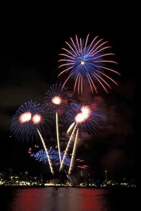 Framed Print : USA, Washington State, Seattle. Fourth of July Fireworks over Lake Union with Space Framed Print : USA, Washington State, Seattle. Fourth of July Fireworks over Lake Union with Space