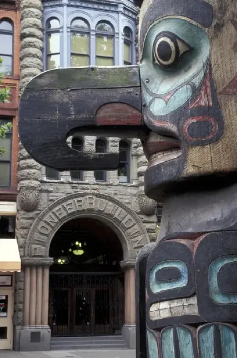 Framed Print : USA, Washington State, Seattle. Totem pole with Pioneer building in Pioneer Square Framed Print : USA, Washington State, Seattle. Totem pole with Pioneer building in Pioneer Square