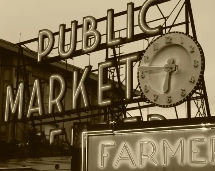 Framed Print : USA, Washington State, Seattle, View of public market neon sign and pike street market Framed Print : USA, Washington State, Seattle, View of public market neon sign and pike street market