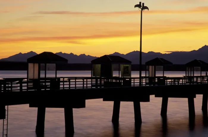 Framed Print : USA, Washington State, Seattle, Myrtle Edwards Park. Fishing Pier at sunset