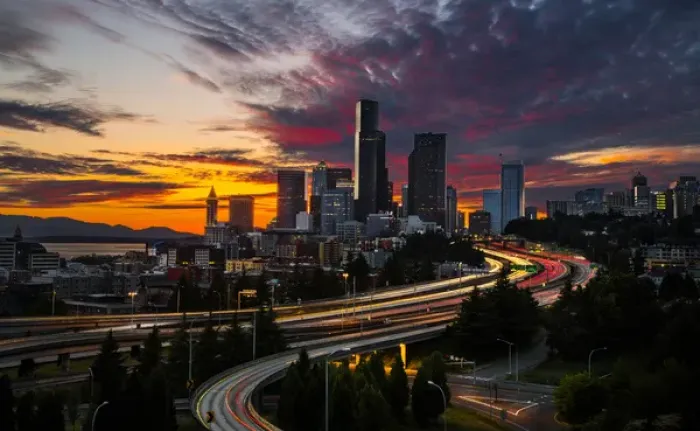 Framed Print : USA, Washington State, Seattle. Sunset view of downtown over I-5 from the Jose Rizal Bridge Framed Print : USA, Washington State, Seattle. Sunset view of downtown over I-5 from the Jose Rizal Bridge
