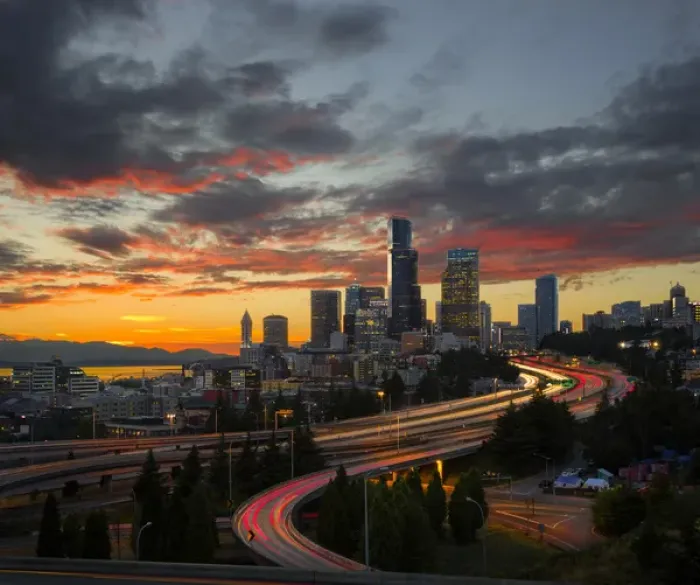 Framed Print : USA, Washington State, Seattle. Sunset view of downtown over I-5 from the Jose Rizal Bridge Framed Print : USA, Washington State, Seattle. Sunset view of downtown over I-5 from the Jose Rizal Bridge