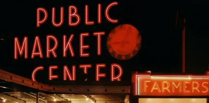 Framed Print : USA, Washington State, Seattle, Pike Place Market, Neon market sign Framed Print : USA, Washington State, Seattle, Pike Place Market, Neon market sign