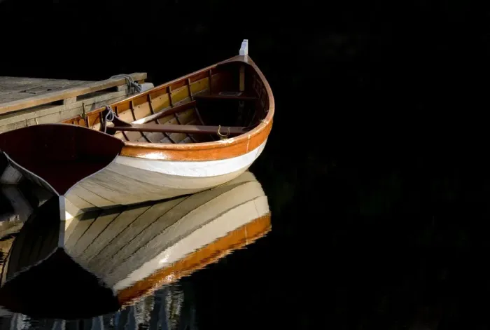 Framed Print : USA, Washington State, Seattle. Wooden boat reflects on lake Framed Print : USA, Washington State, Seattle. Wooden boat reflects on lake
