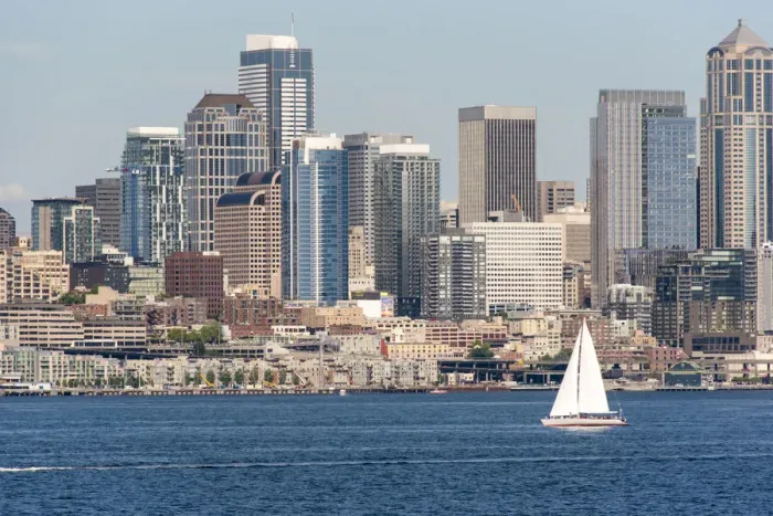 Framed Print : USA, Washington State, Seattle. Sailboat in Elliott Bay Framed Print : USA, Washington State, Seattle. Sailboat in Elliott Bay