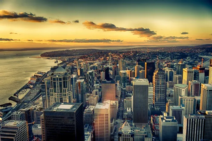 Framed Print : USA, Washington State, Seattle. Dusk on the Seattle skyline and Elliot Bay