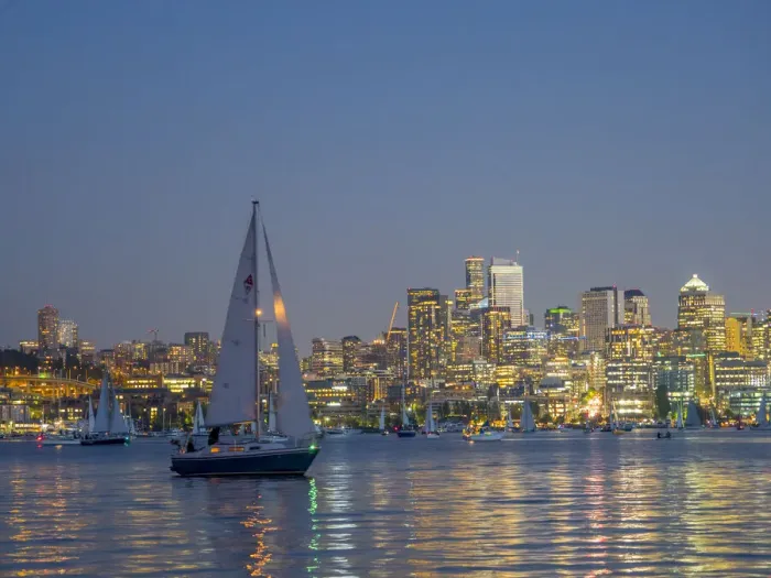 Framed Print : Usa, Washington State, Seattle, downtown skyline and boats on Lake Union at dusk Framed Print : Usa, Washington State, Seattle, downtown skyline and boats on Lake Union at dusk