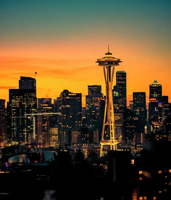 Framed Print : USA, Washington State, Seattle. Dawn on Seattle skyline from a park on Queen Anne Hill