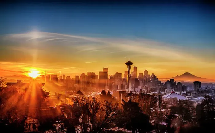 Framed Print : USA, Washington State, Seattle. Dawn on Seattle skyline from a park on Queen Anne Hill with Mt. Rainier in the background