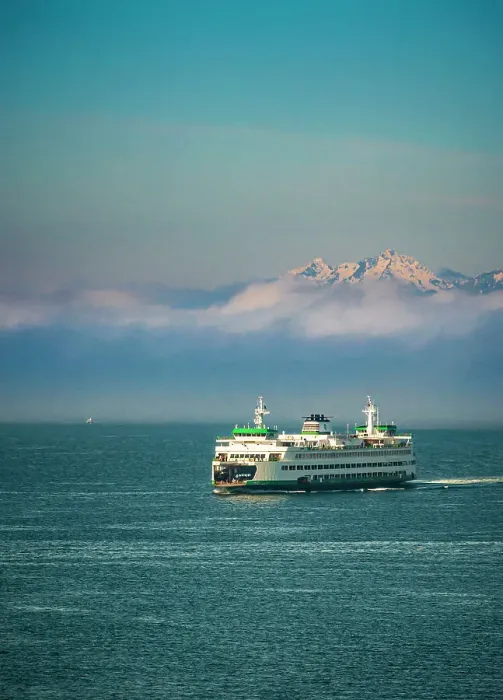 Framed Print : USA, Washington State, Seattle. Ferry sails into Seattle's Elliot Bay in front of morning fog and the Olympic Mountains Framed Print : USA, Washington State, Seattle. Ferry sails into Seattle's Elliot Bay in front of morning fog and the Olympic Mountains