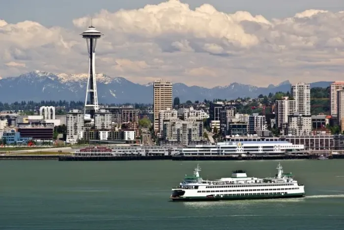 Framed Print : USA, Washington State, Seattle. Ferry crosses Elliot Bay under the Space Needle Framed Print : USA, Washington State, Seattle. Ferry crosses Elliot Bay under the Space Needle