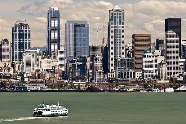 USA, Washington State, Seattle. Ferry approaches Seattle across Elliot Bay