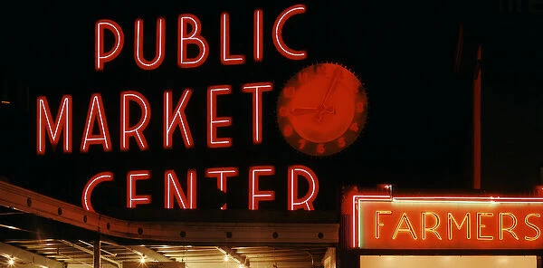 USA, Washington State, Seattle, Pike Place Market, Neon market sign