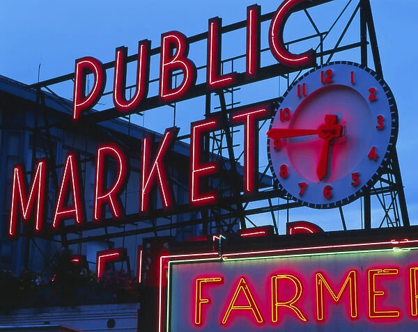 USA, Washington State, Seattle, View of public market neon sign and pike street market