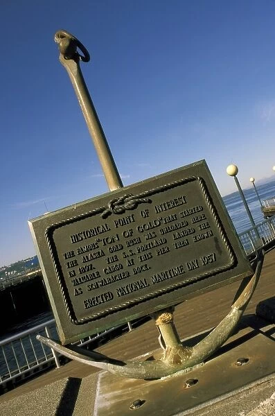 USA, Washington State, Seattle. Waterfront, Gold Rush historical marker