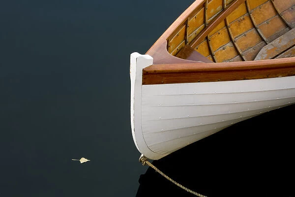 USA, Washington State, Seattle. Wooden boat moored on lake