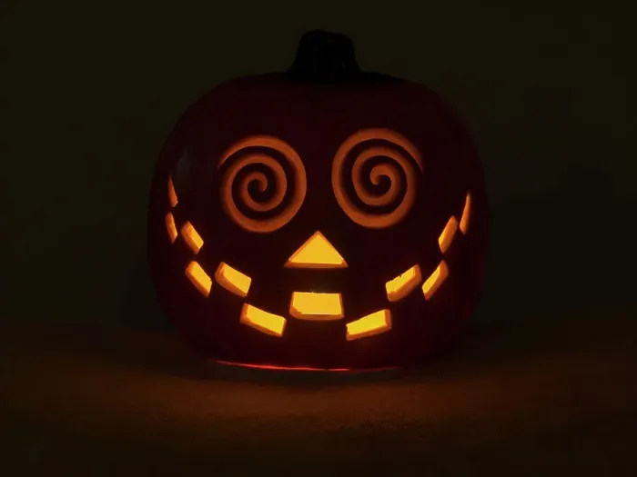 Framed Print : USA, Washington State. Smiling Jack O Lantern face on Pumpkin at Halloween, at night