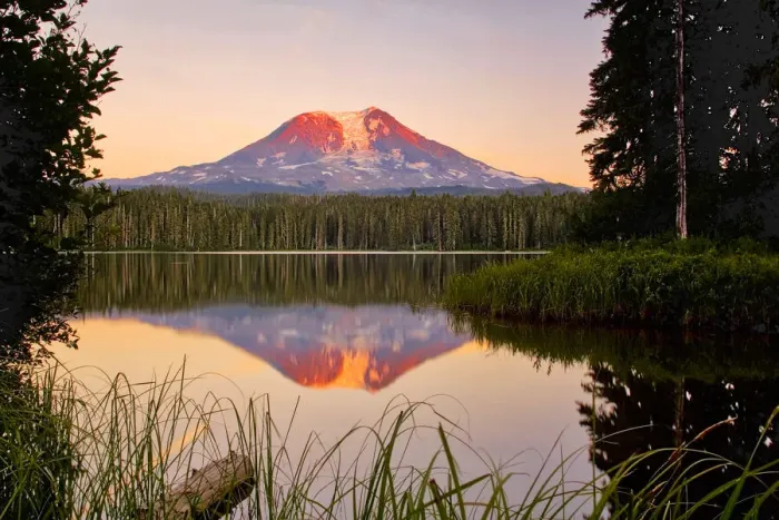 Framed Print : USA, Washington State, Sunset on Mt. Adams reflecting in Lake Takhlakh Framed Print : USA, Washington State, Sunset on Mt. Adams reflecting in Lake Takhlakh