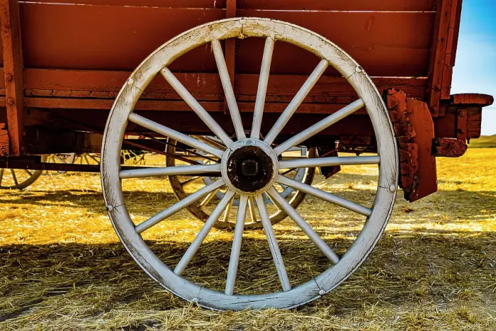 Framed Print : USA, Washington State, Whitman County, Palouse. Farm wagons used to harvest wheat. Wagon wheel and spokes