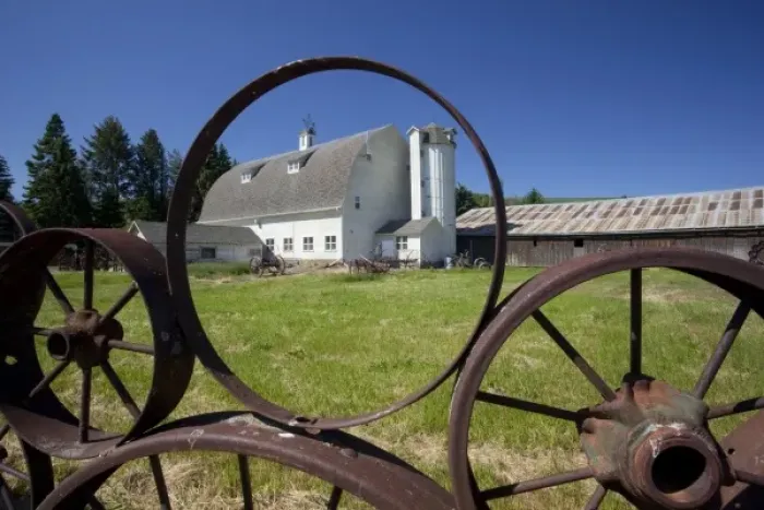 Framed Print : USA, Washington, Whitman County, Uniontown, The Palouse, Wheel fence and barn (Dahman Framed Print : USA, Washington, Whitman County, Uniontown, The Palouse, Wheel fence and barn (Dahman