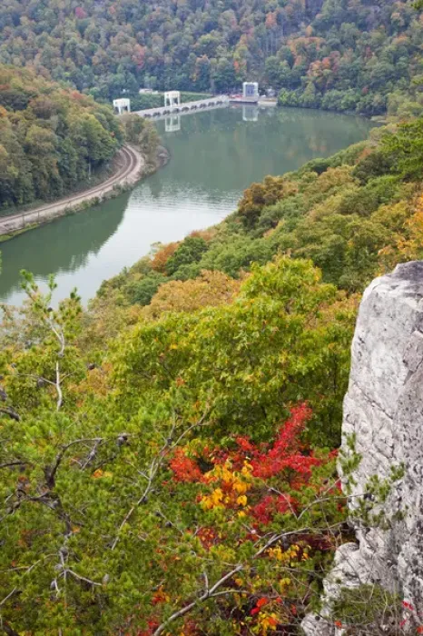 Framed Print : USA, West Virginia, Anstead. Hawks Nest State Park, Kanawha River overlook, autumn