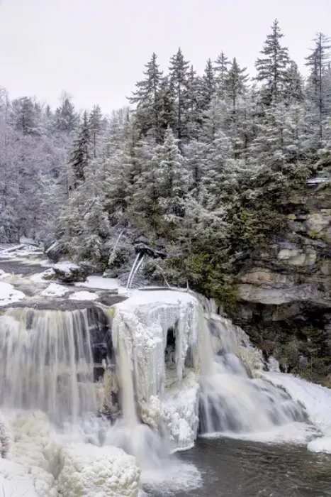 Framed Print : USA, West Virginia, Blackwater Falls State Park. Waterfall in winter landscape. Credit as