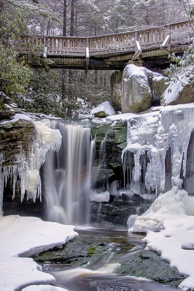 USA, West Virginia, Blackwater Falls State Park. Bridge and partially frozen waterfall