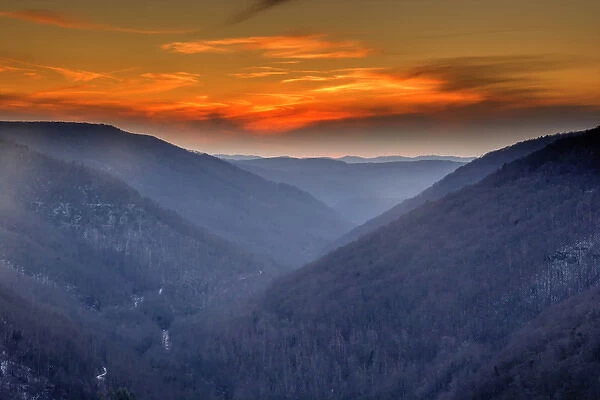 USA, West Virginia, Blackwater Falls State Park. Brilliant winter sunset from Lindy Point