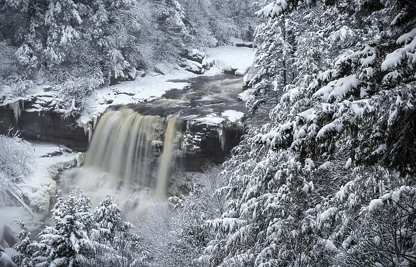 USA, West Virginia, Blackwater Falls State Park. Forest and waterfall in winter. Credit as