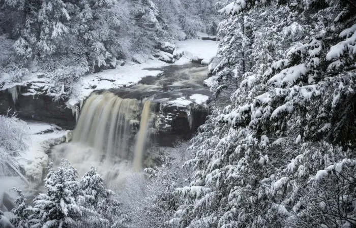 Framed Print : USA, West Virginia, Blackwater Falls State Park. Forest and waterfall in winter. Credit as Framed Print : USA, West Virginia, Blackwater Falls State Park. Forest and waterfall in winter. Credit as