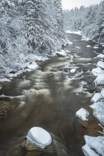 USA, West Virginia, Blackwater Falls State Park. Forest and stream in winter. Credit as
