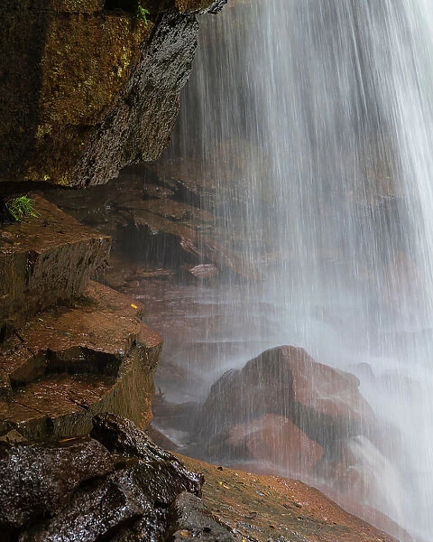 USA, West Virginia, Blackwater Falls State Park. Spray of waterfall on rocks