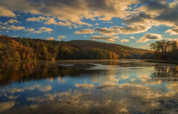 Framed Print : USA, West Virginia, Delaware Watergap Recreational Area. Sunset on Hidden Lake. Credit as Framed Print : USA, West Virginia, Delaware Watergap Recreational Area. Sunset on Hidden Lake. Credit as