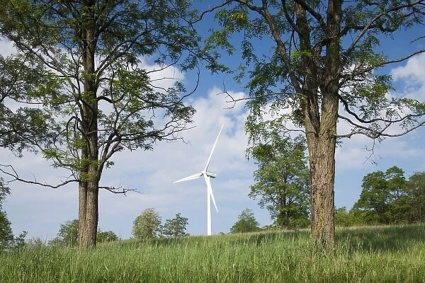 USA, West Virginia, Greenbrier County, Wind turbine rises above forest in Appalachian