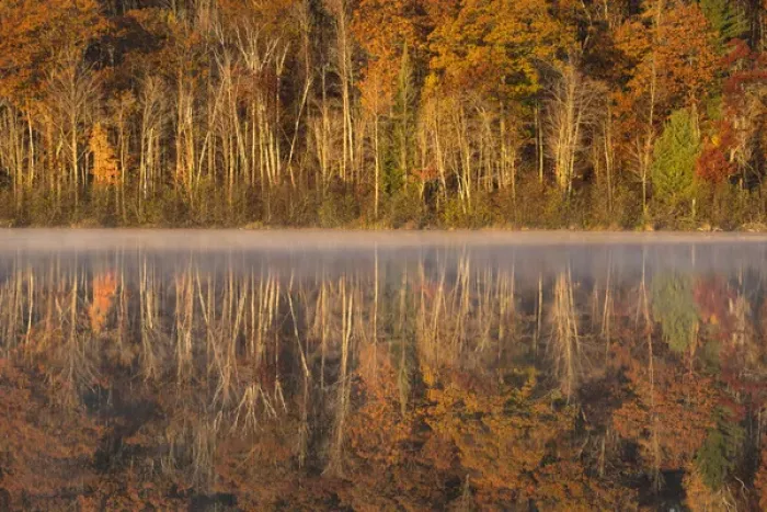 Framed Print : USA, Wisconsin. A cold morning on a Mill pond Lake in Autumn