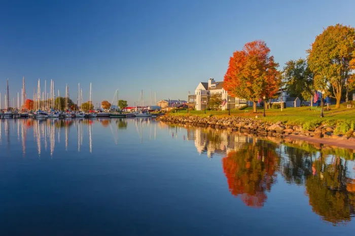 Framed Print : USA, Wisconsin. Fall colors reflected on the still waters of the harbor in Bayfield Framed Print : USA, Wisconsin. Fall colors reflected on the still waters of the harbor in Bayfield