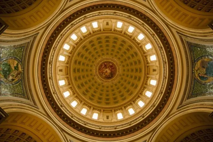 Framed Print : USA, Wisconsin, Madison, View looking up at massive and ornate dome inside State