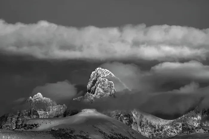 Framed Print : USA, Wyoming. Black and white landscape of Teton Mountains from the west