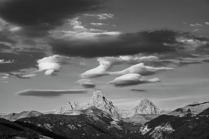 Framed Print : USA, Wyoming. Black and white of unusual clouds form over Mount Owen, Grand and Middle Teton seen from west Framed Print : USA, Wyoming. Black and white of unusual clouds form over Mount Owen, Grand and Middle Teton seen from west