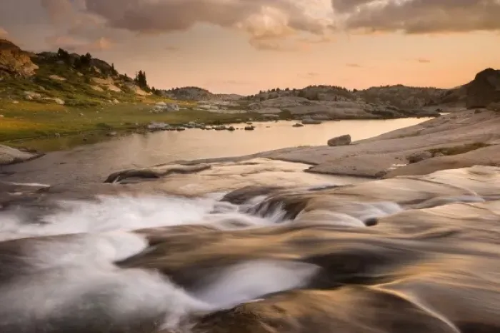 Framed Print : USA, Wyoming, Bridger National Forest, Bridger Wilderness, Wind River Range. Sunset on rapids